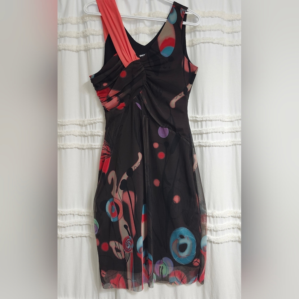 Simon Chang Red and Blue One Shoulder Sheath Dress